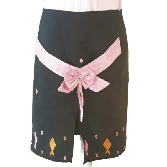 Handmade Black Midi Skirt + Pink Bow / Size XL 34" Embroidered Fish Skirt - Picture 6 of 15